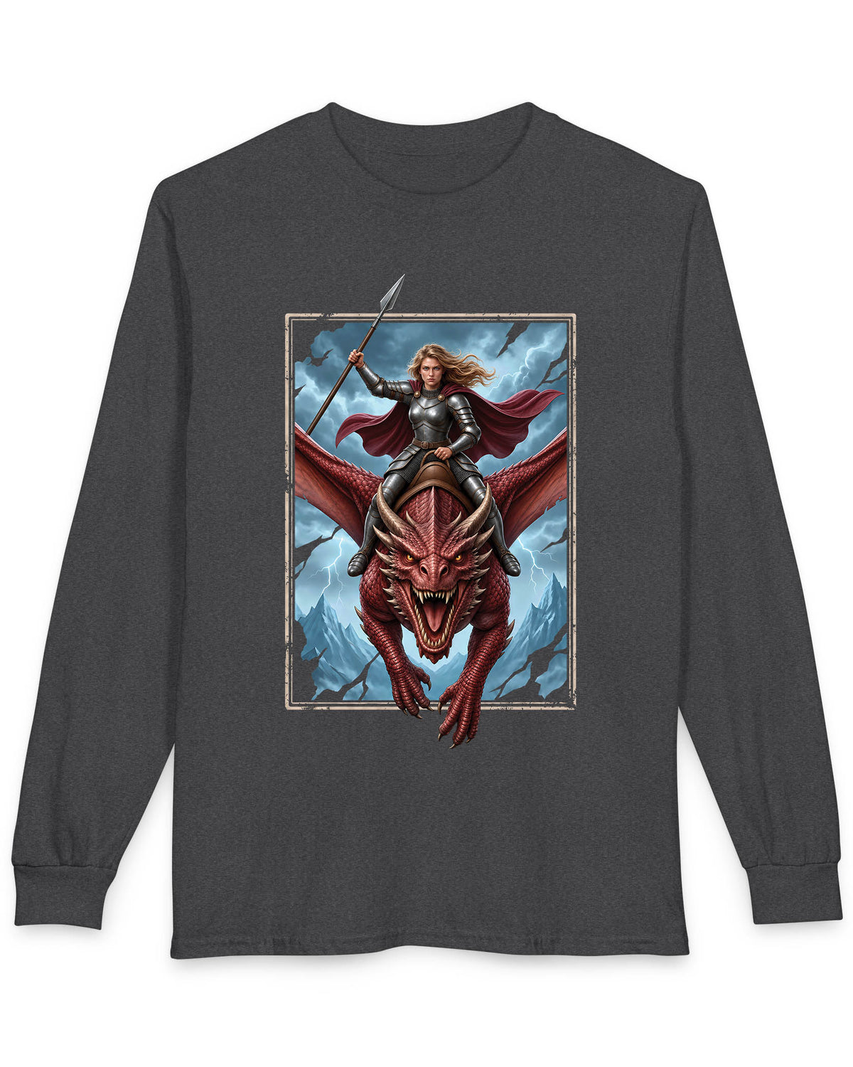 Stormrider shirt in dark heather featuring an armored woman with a spear riding a red dragon against a stormy mountain sky