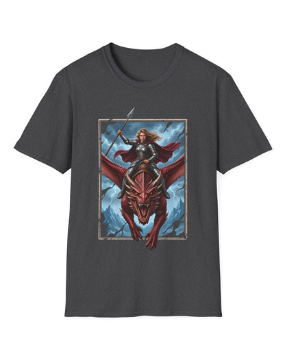 Stormrider shirt in dark heather featuring an armored woman with a spear riding a red dragon against a stormy mountain sky