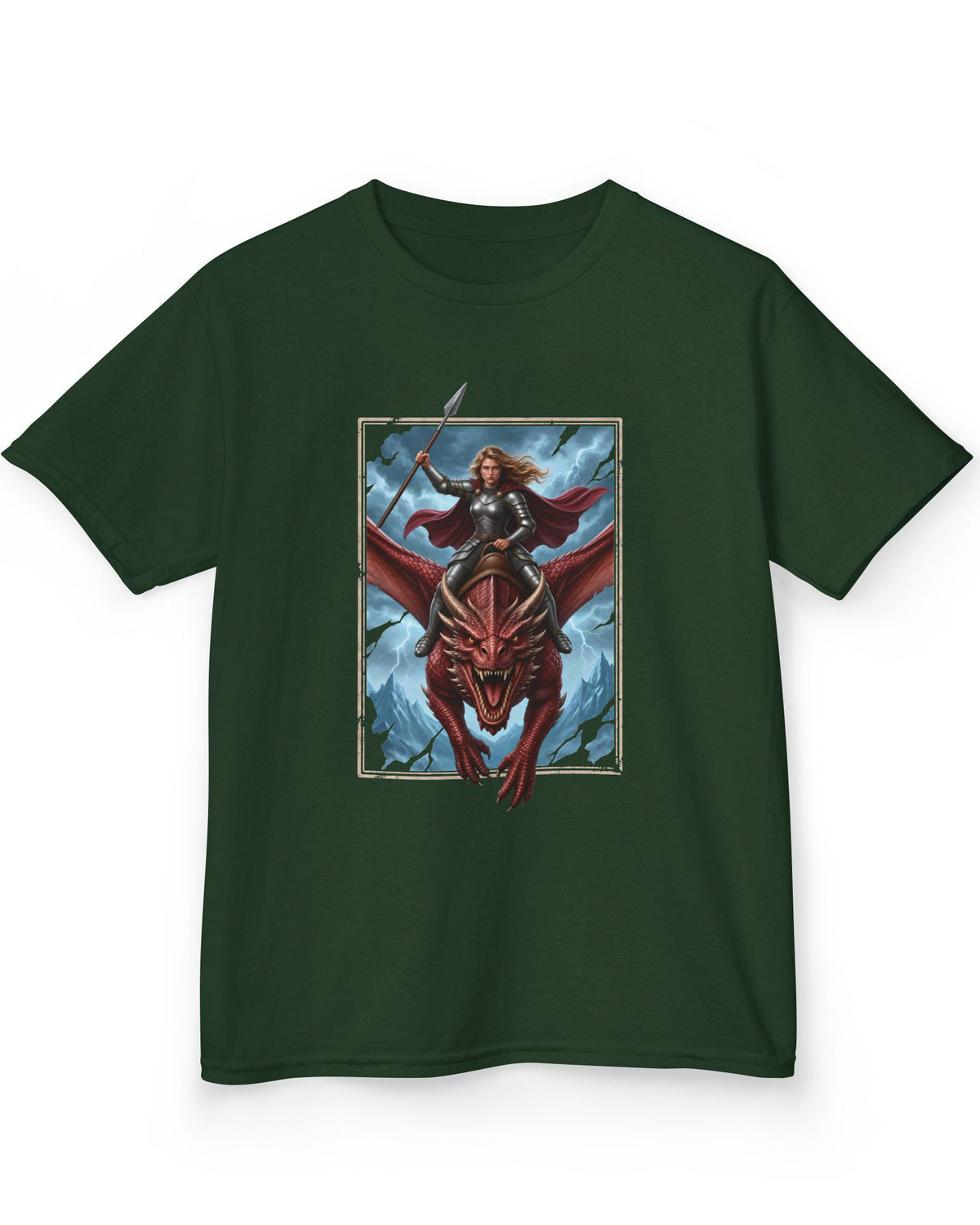 Stormrider shirt in forest green featuring an armored woman with a spear riding a red dragon against a stormy mountain sky