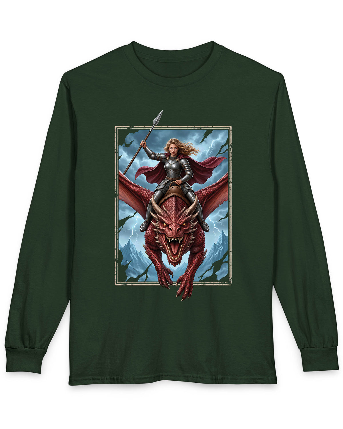 Stormrider shirt in forest green featuring an armored woman with a spear riding a red dragon against a stormy mountain sky