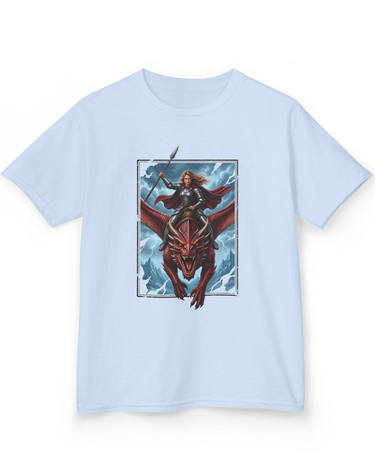 Stormrider shirt in light blue featuring an armored woman with a spear riding a red dragon against a stormy mountain sky