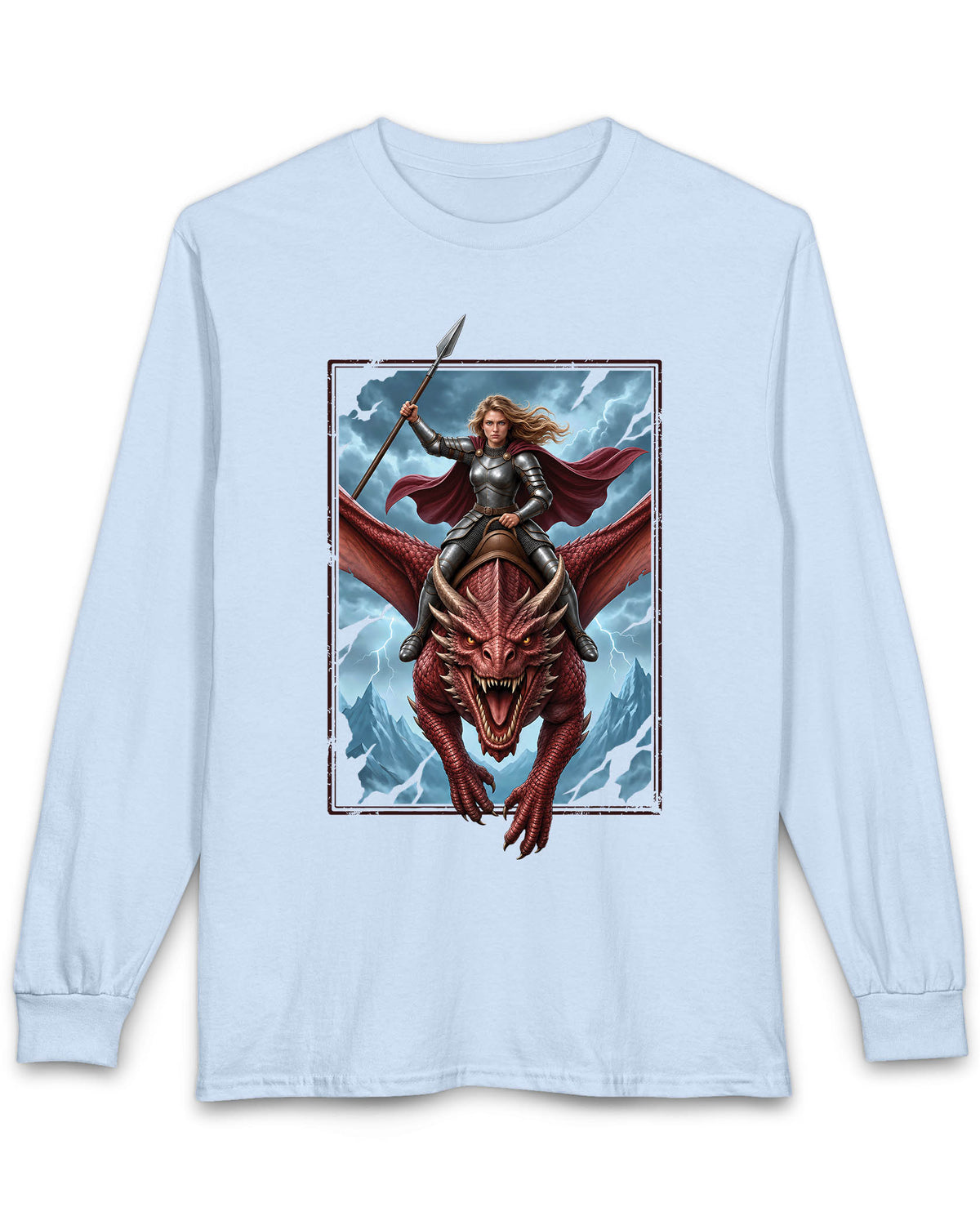 Stormrider shirt in light blue featuring an armored woman with a spear riding a red dragon against a stormy mountain sky