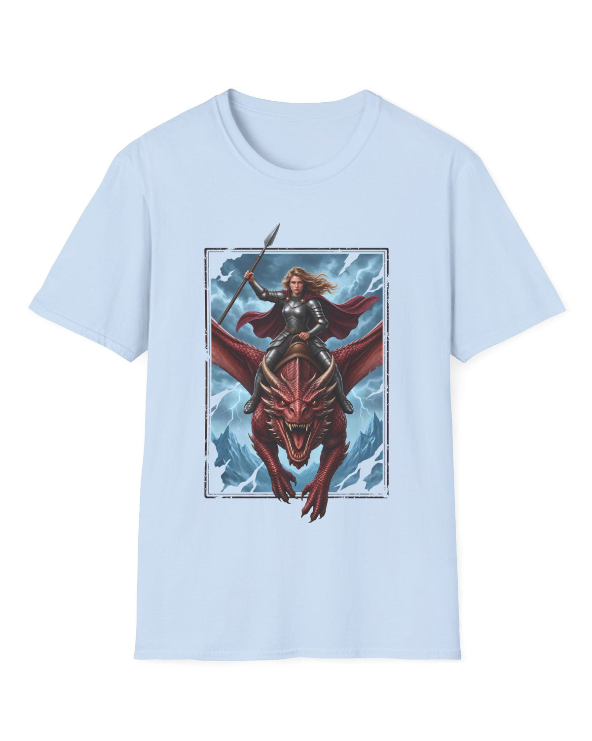 Stormrider shirt in light blue featuring an armored woman with a spear riding a red dragon against a stormy mountain sky