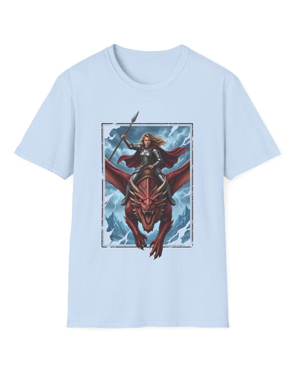 Stormrider shirt in light blue featuring an armored woman with a spear riding a red dragon against a stormy mountain sky