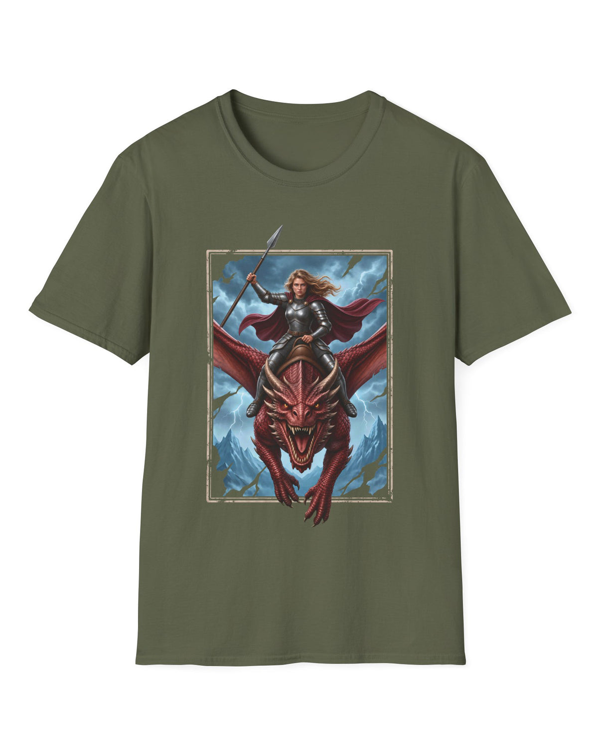 Stormrider shirt in military green featuring an armored woman with a spear riding a red dragon against a stormy mountain sky