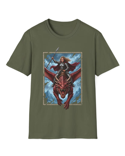 Stormrider shirt in military green featuring an armored woman with a spear riding a red dragon against a stormy mountain sky