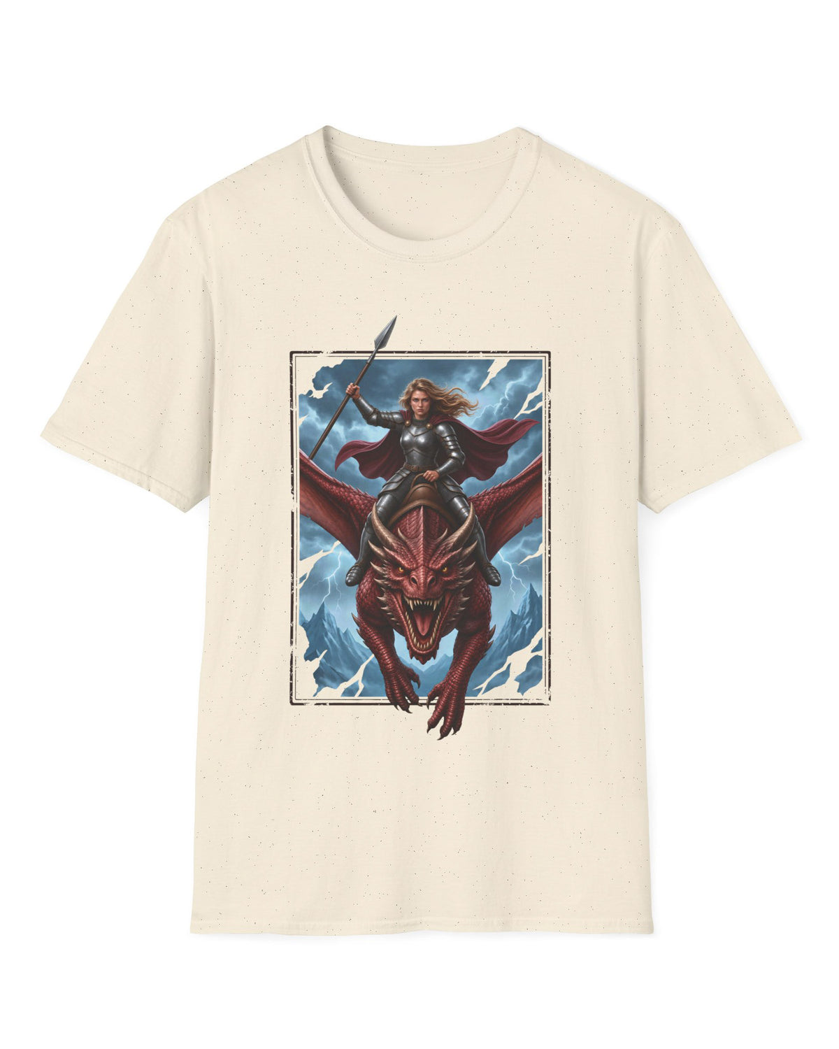 Stormrider shirt in natural featuring an armored woman with a spear riding a red dragon against a stormy mountain sky