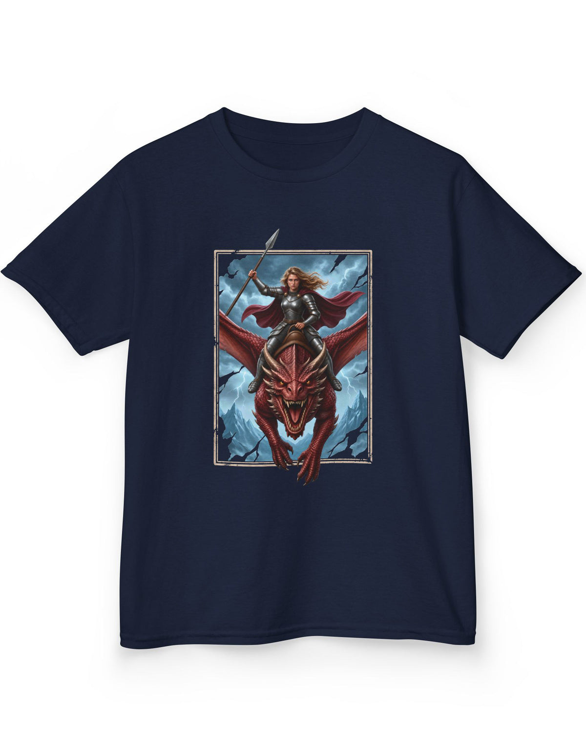 Stormrider shirt in navy featuring an armored woman with a spear riding a red dragon against a stormy mountain sky