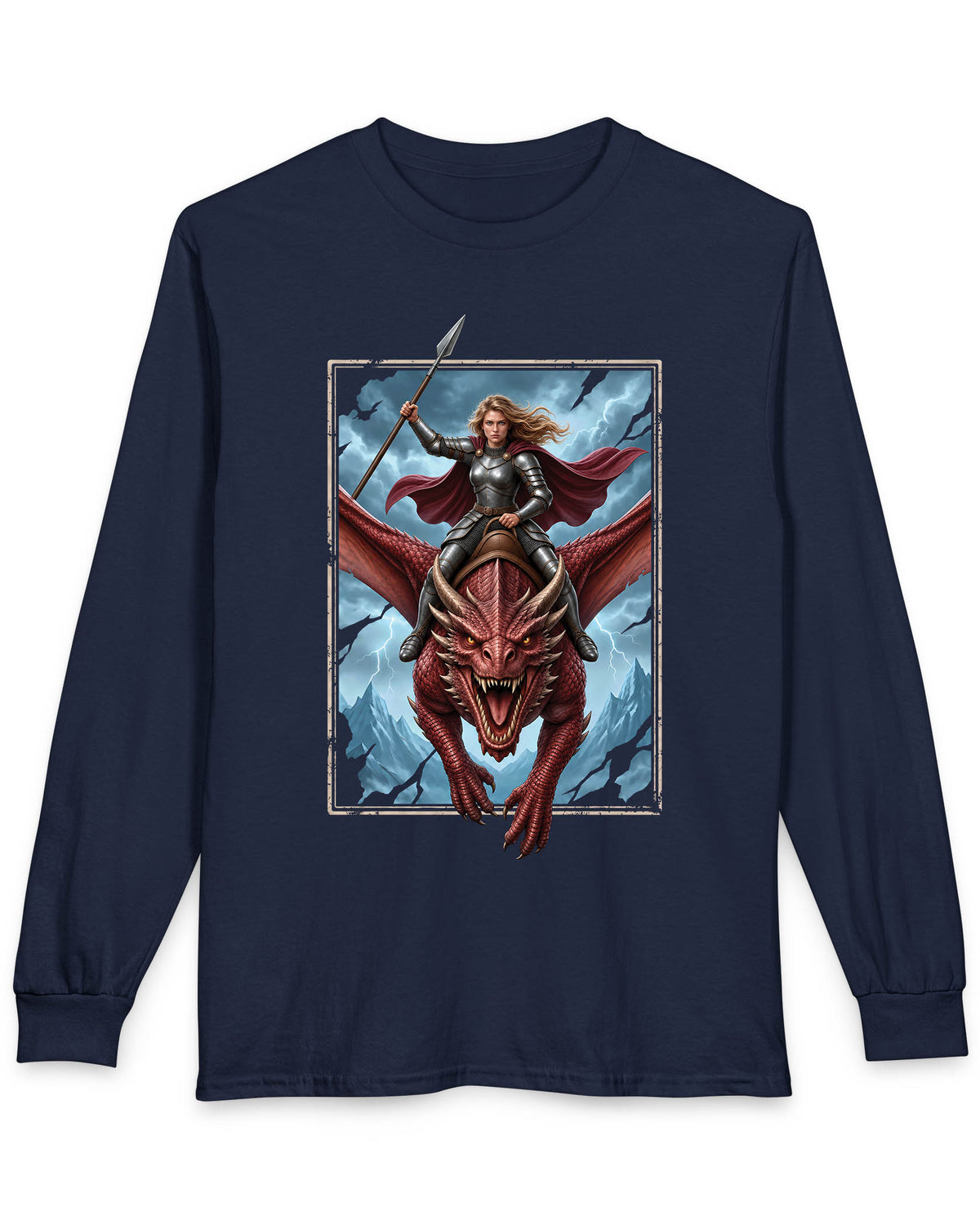 Stormrider shirt in navy featuring an armored woman with a spear riding a red dragon against a stormy mountain sky