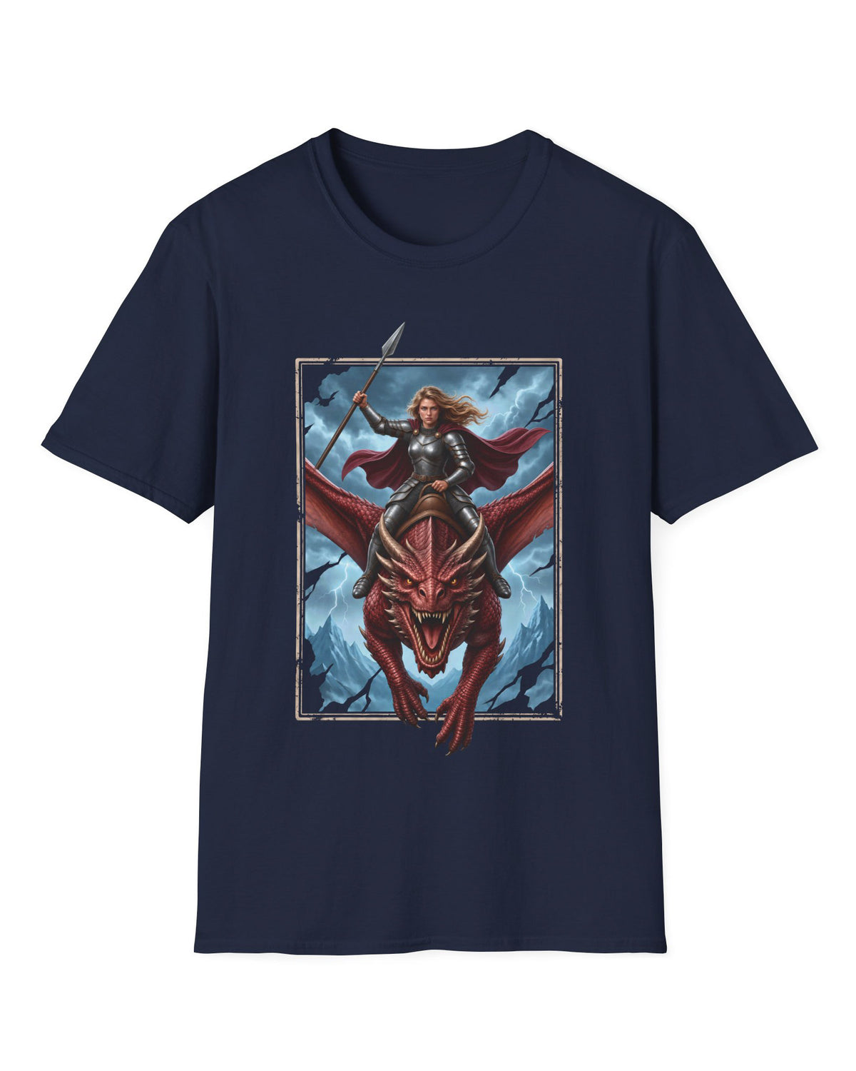 Stormrider shirt in navy featuring an armored woman with a spear riding a red dragon against a stormy mountain sky