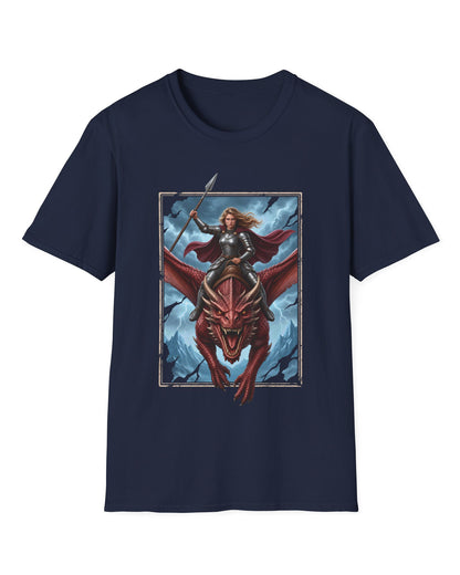 Stormrider shirt in navy featuring an armored woman with a spear riding a red dragon against a stormy mountain sky
