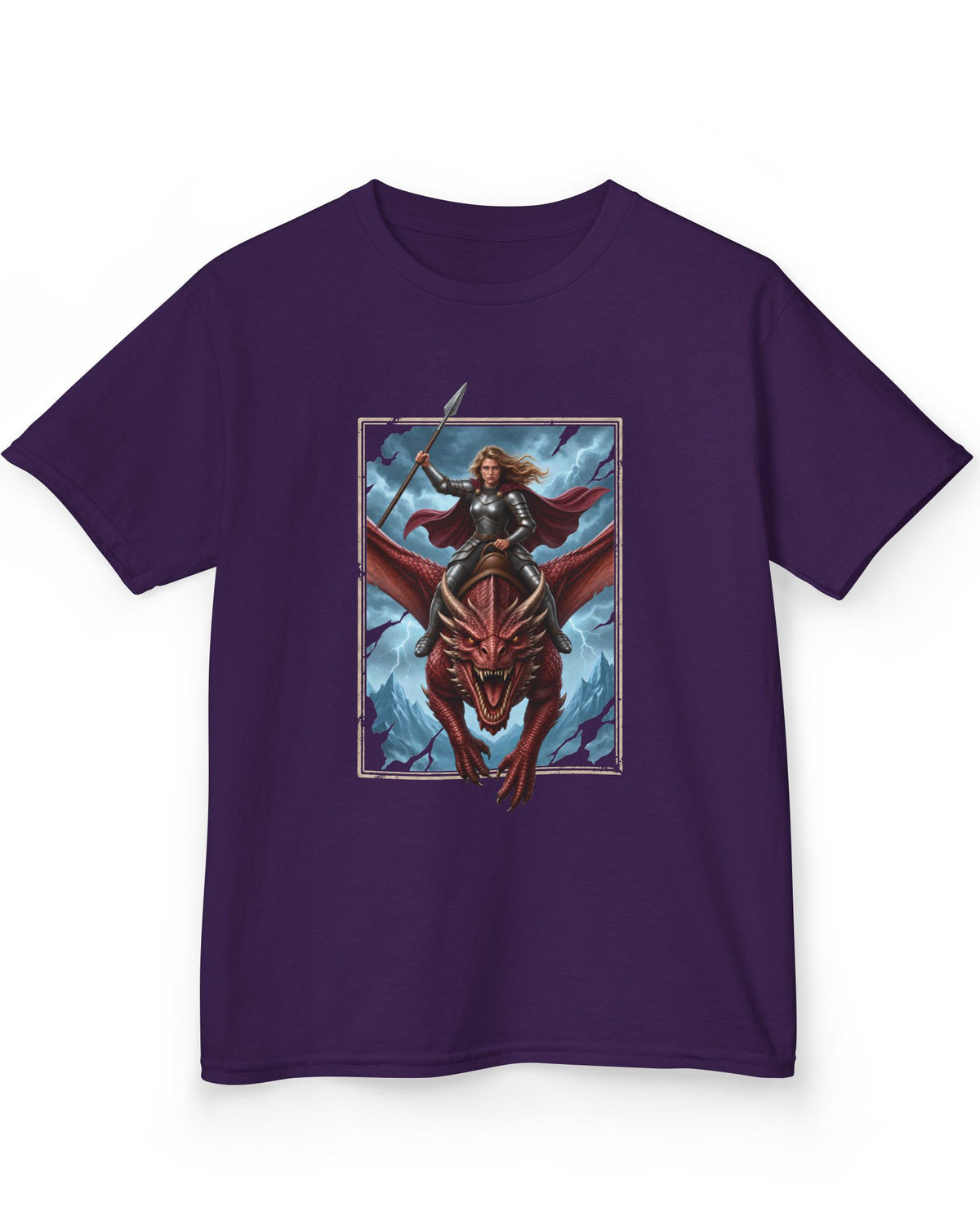 Stormrider shirt in purple featuring an armored woman with a spear riding a red dragon against a stormy mountain sky