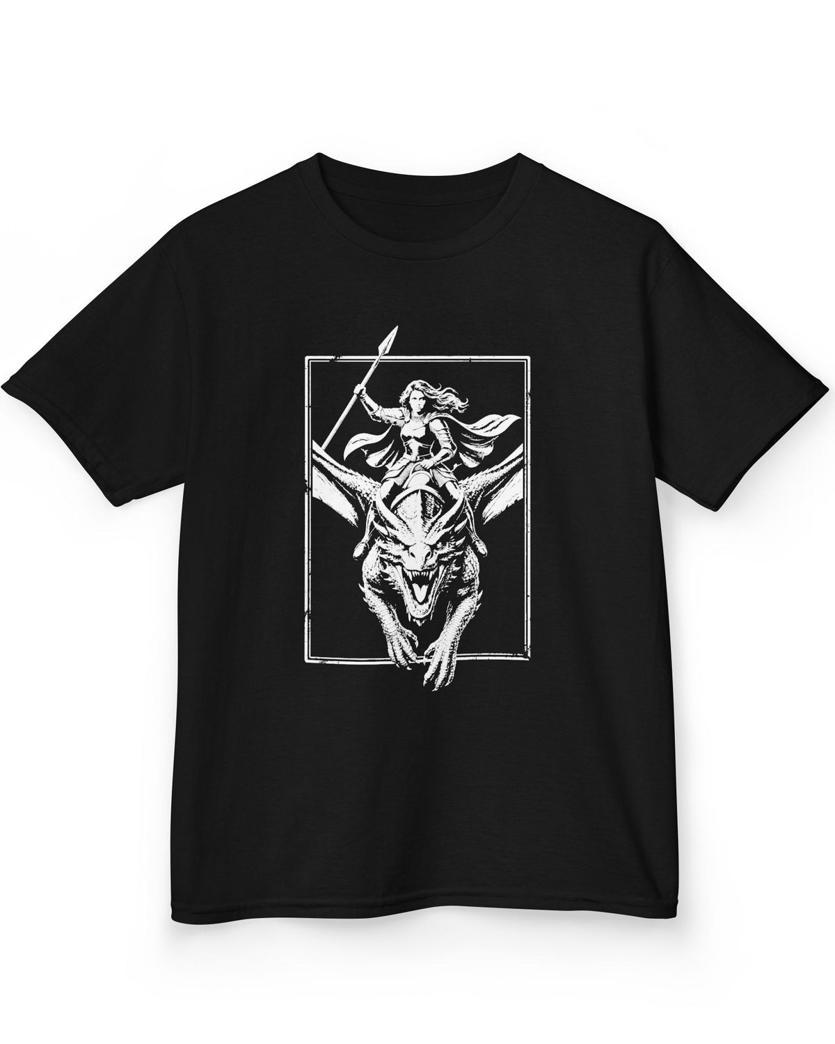 Stormrider Vintage shirt in black featuring a monochrome design of an armored woman with a spear riding a dragon
