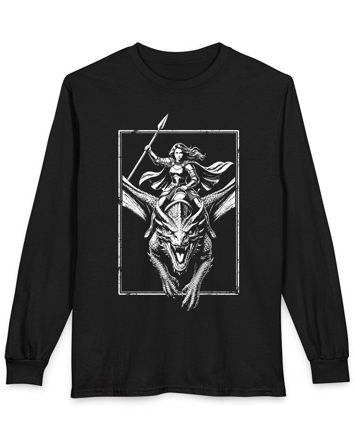 Stormrider Vintage shirt in black featuring a monochrome design of an armored woman with a spear riding a dragon