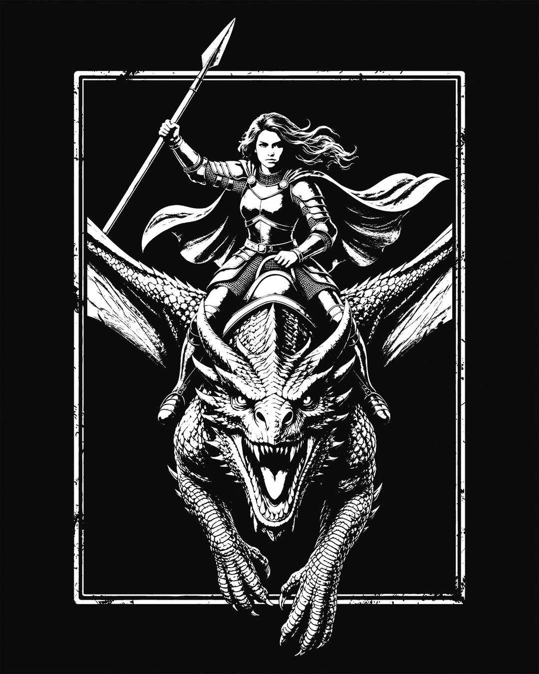 Stormrider Vintage shirt in black featuring a monochrome design of an armored woman with a spear riding a dragon