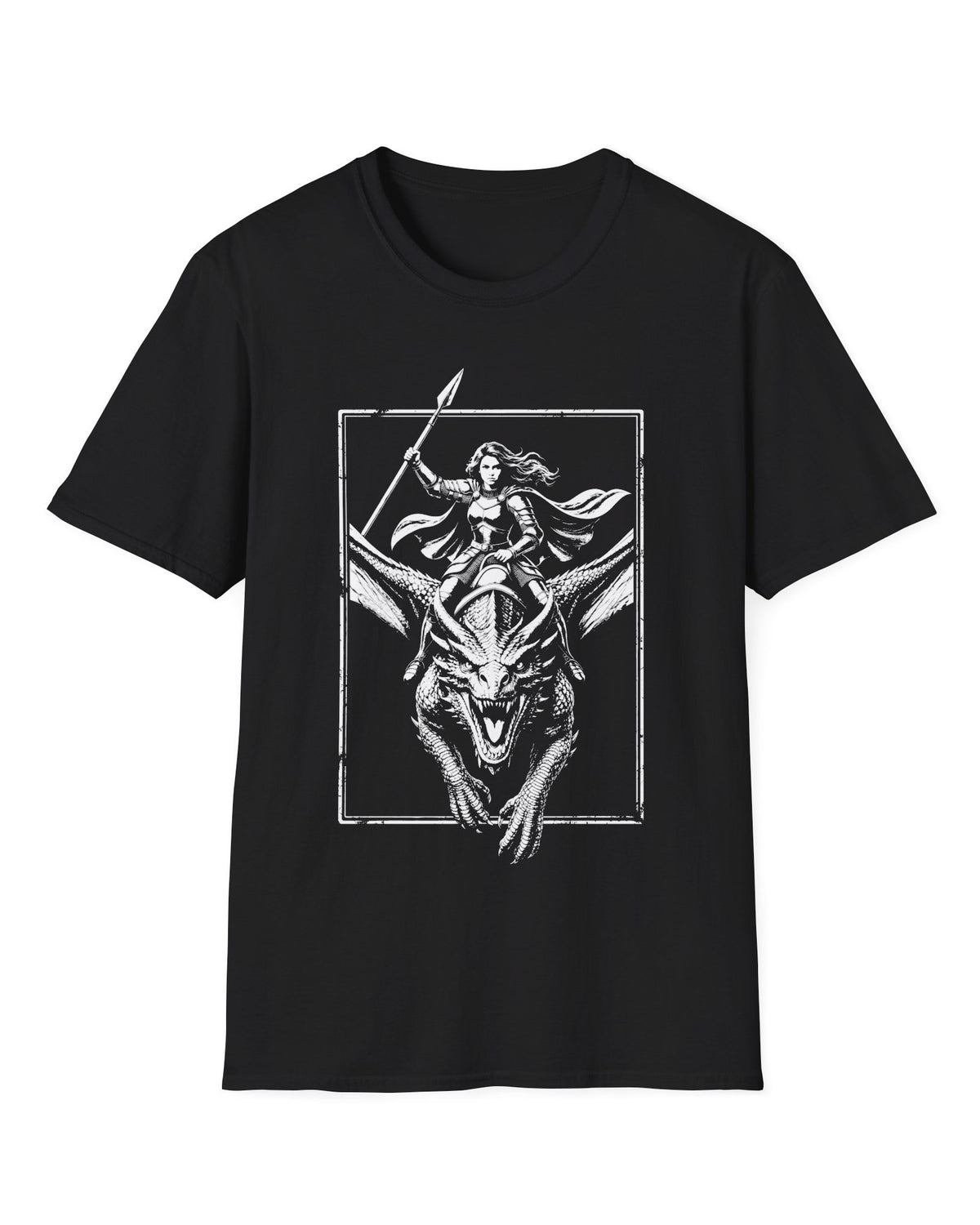 Stormrider Vintage shirt in black featuring a monochrome design of an armored woman with a spear riding a dragon