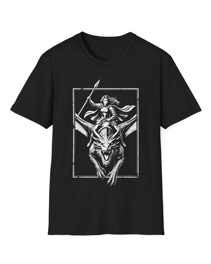 Stormrider Vintage shirt in black featuring a monochrome design of an armored woman with a spear riding a dragon