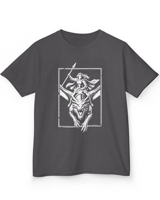 Stormrider Vintage shirt in charcoal featuring a monochrome design of an armored woman with a spear riding a dragon