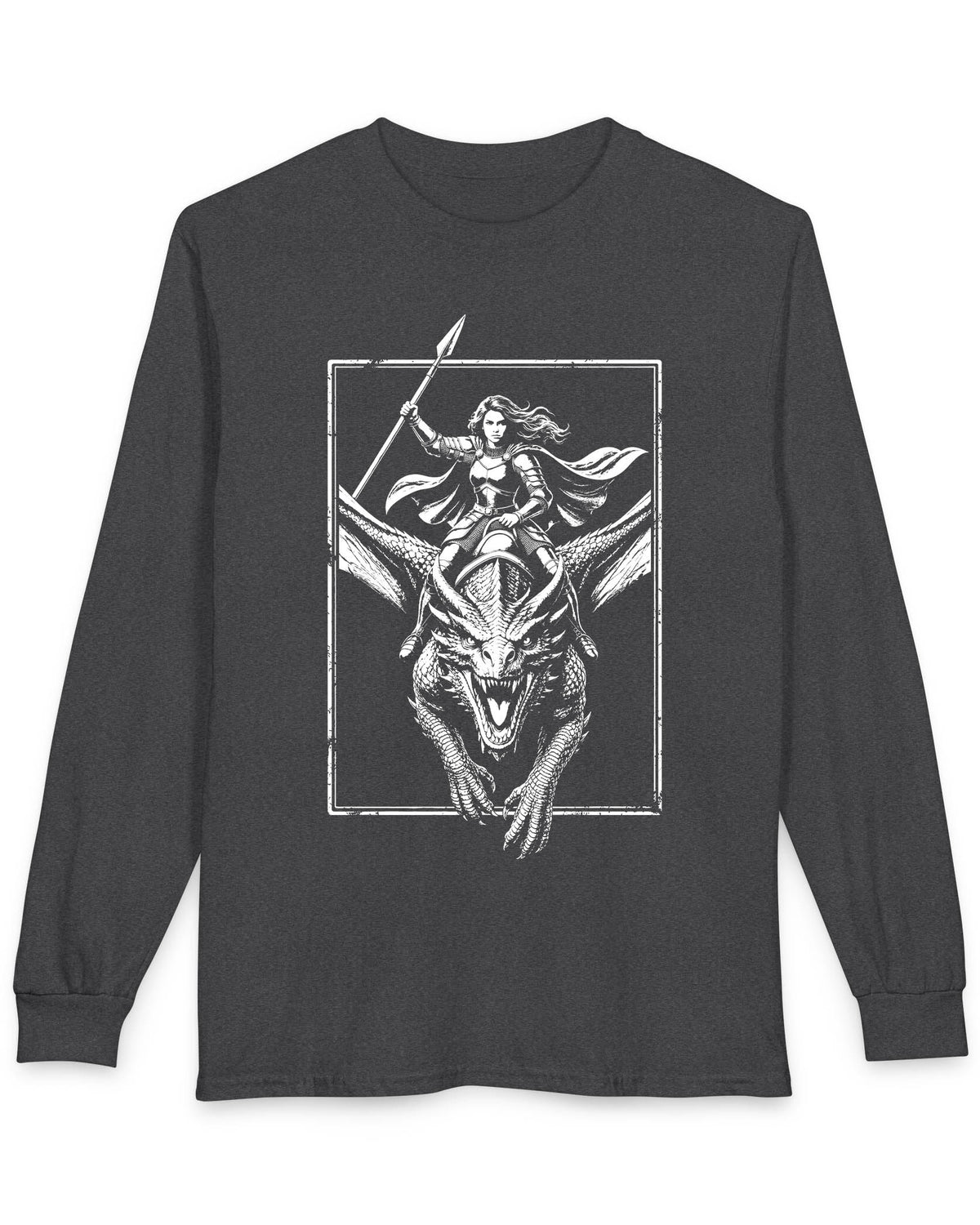 Stormrider Vintage shirt in dark heather featuring a monochrome design of an armored woman with a spear riding a dragon