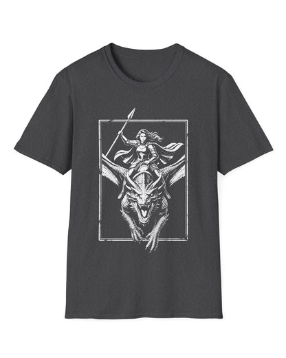 Stormrider Vintage shirt in dark heather featuring a monochrome design of an armored woman with a spear riding a dragon