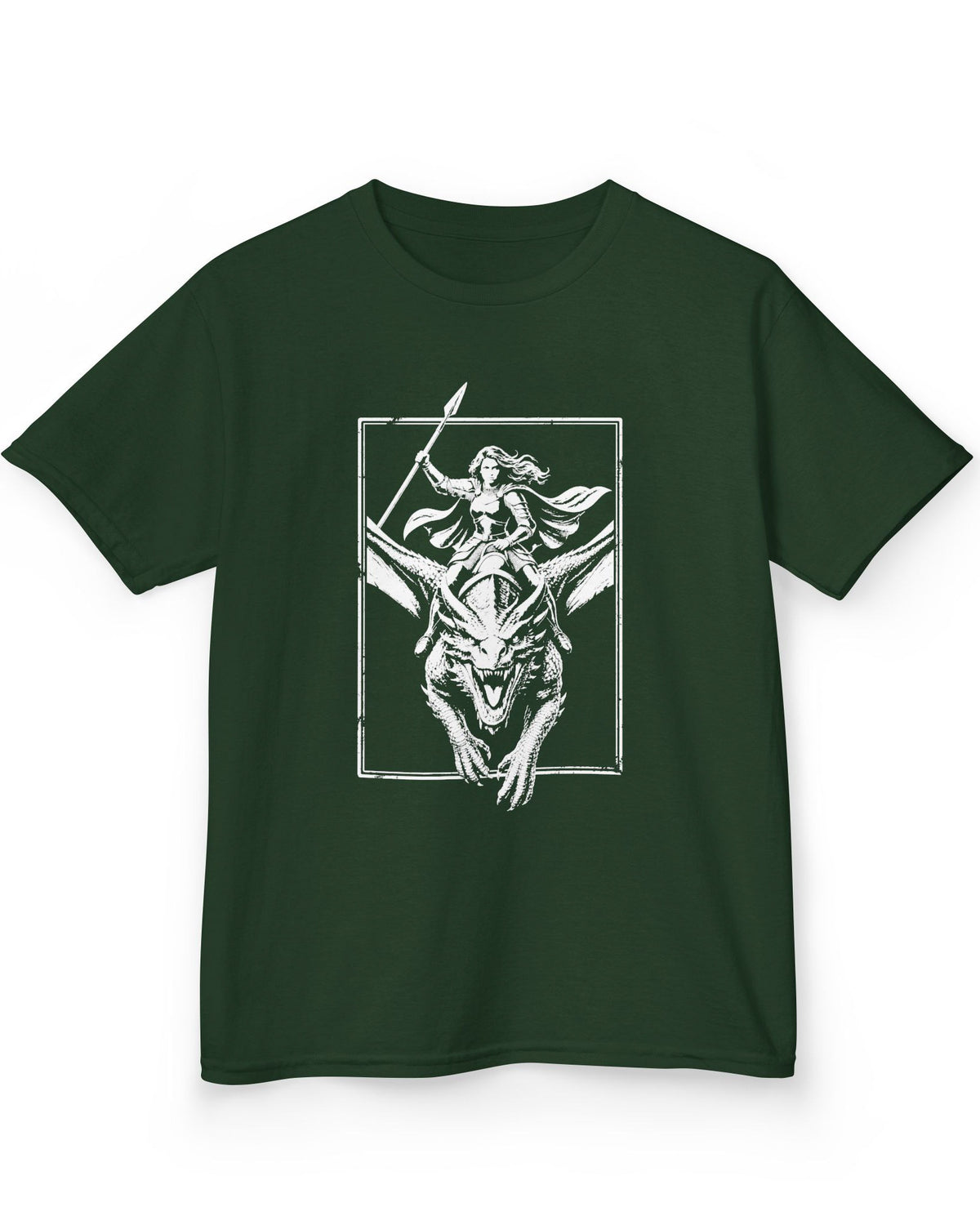 Stormrider Vintage shirt in forest green featuring a monochrome design of an armored woman with a spear riding a dragon