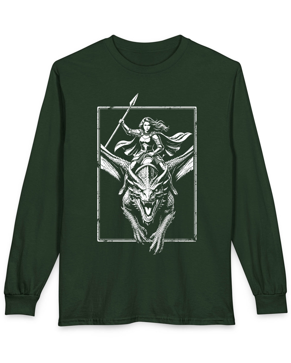 Stormrider Vintage shirt in forest green featuring a monochrome design of an armored woman with a spear riding a dragon