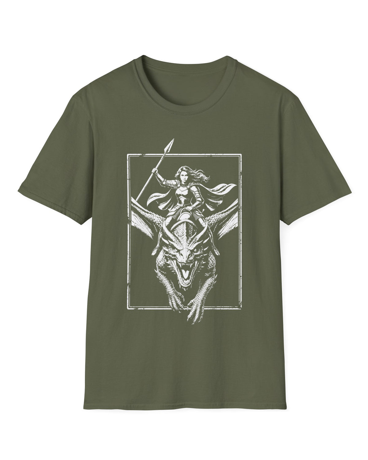 Stormrider Vintage shirt in military green featuring a monochrome design of an armored woman with a spear riding a dragon