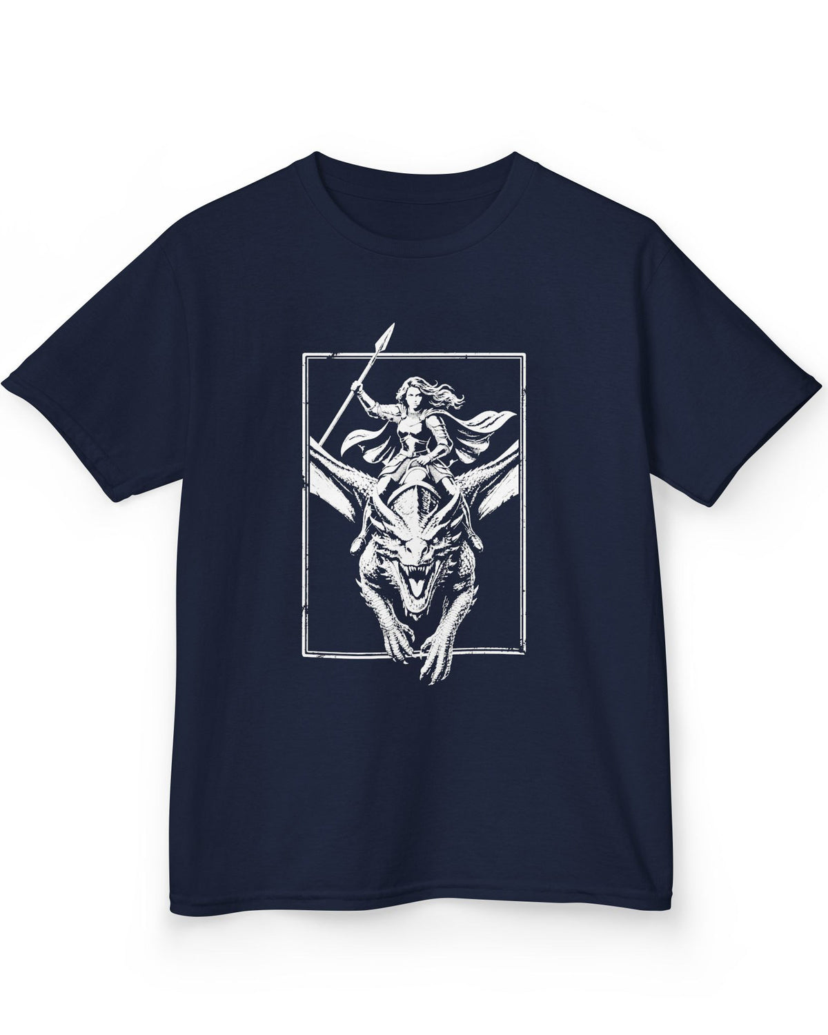Stormrider Vintage shirt in navy featuring a monochrome design of an armored woman with a spear riding a dragon