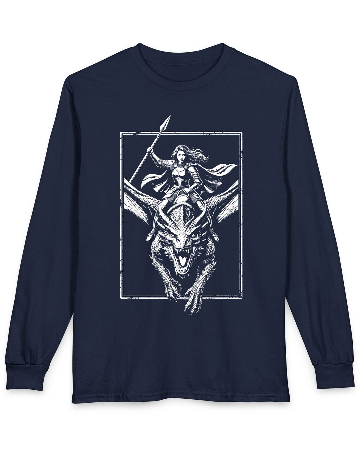 Stormrider Vintage shirt in navy featuring a monochrome design of an armored woman with a spear riding a dragon