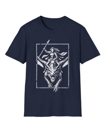 Stormrider Vintage shirt in navy featuring a monochrome design of an armored woman with a spear riding a dragon