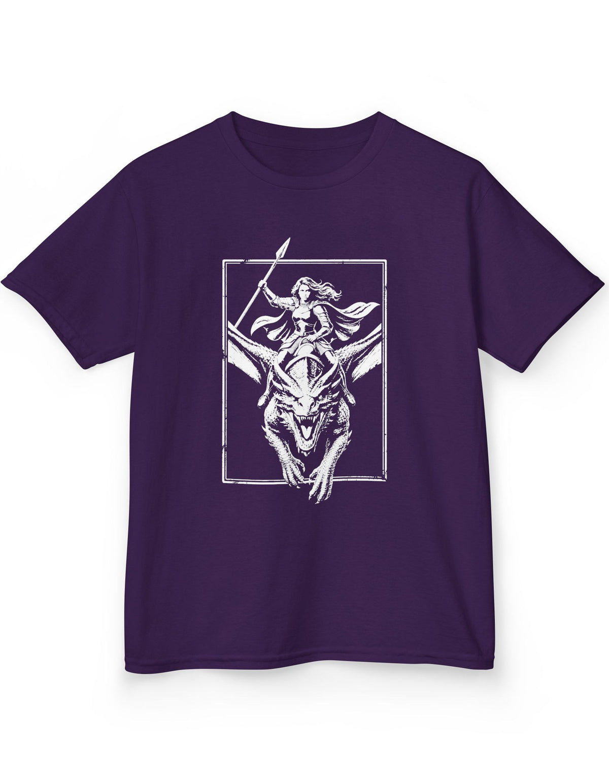 Stormrider Vintage shirt in purple featuring a monochrome design of an armored woman with a spear riding a dragon