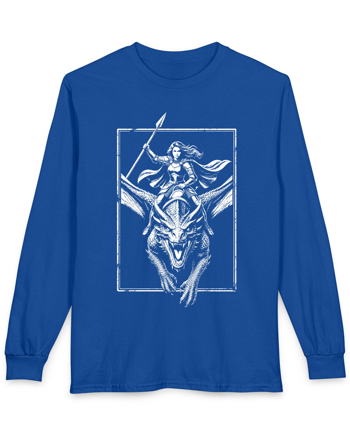 Stormrider Vintage shirt in royal blue featuring a monochrome design of an armored woman with a spear riding a dragon