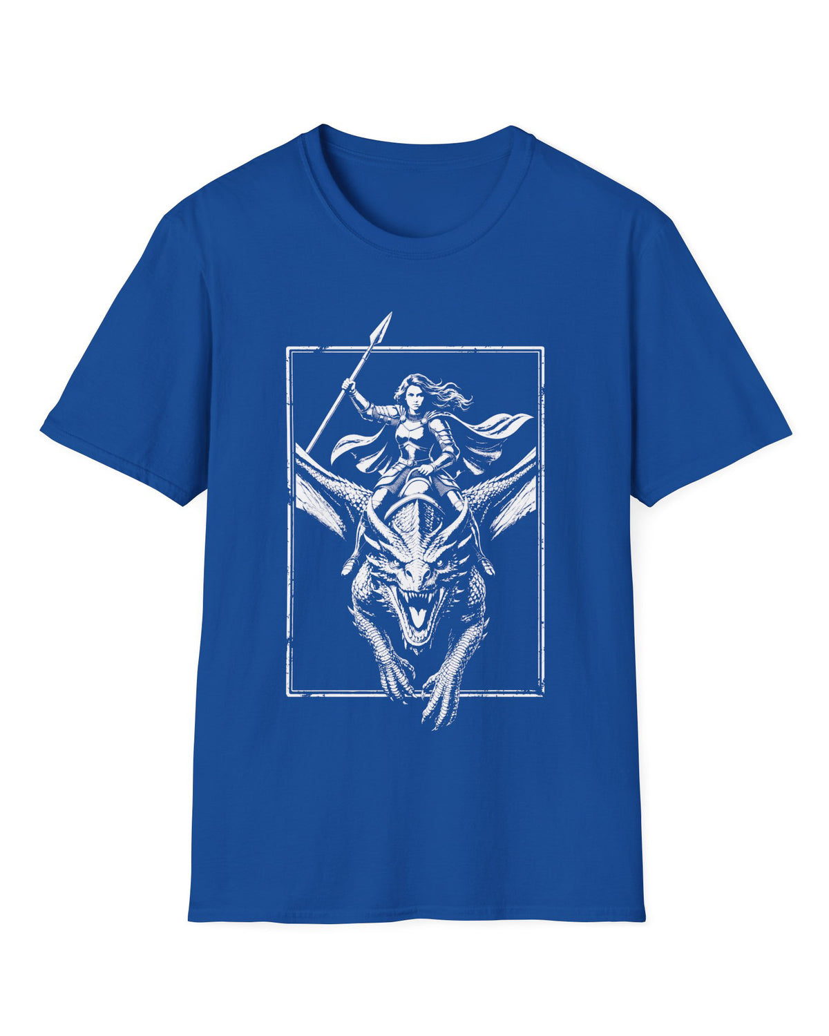 Stormrider Vintage shirt in royal blue featuring a monochrome design of an armored woman with a spear riding a dragon