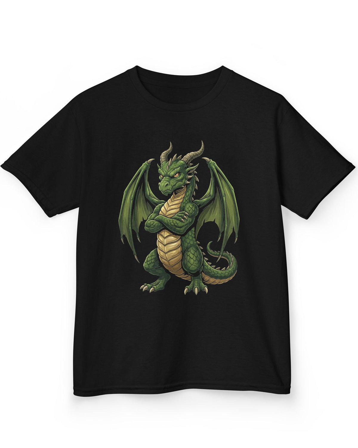 Grumpy Dragon shirt in black featuring a green dragon with crossed arms, spread wings, curved horns, and a scowl