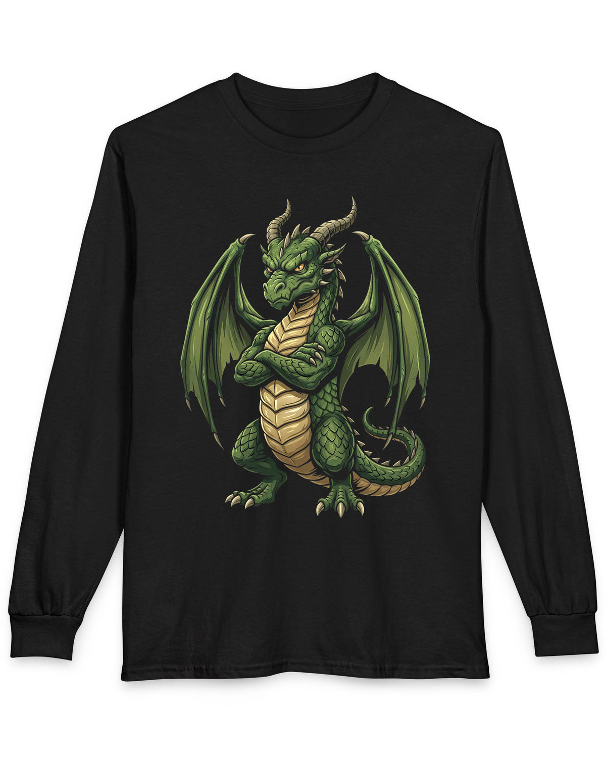 Grumpy Dragon shirt in black featuring a green dragon with crossed arms, spread wings, curved horns, and a scowl