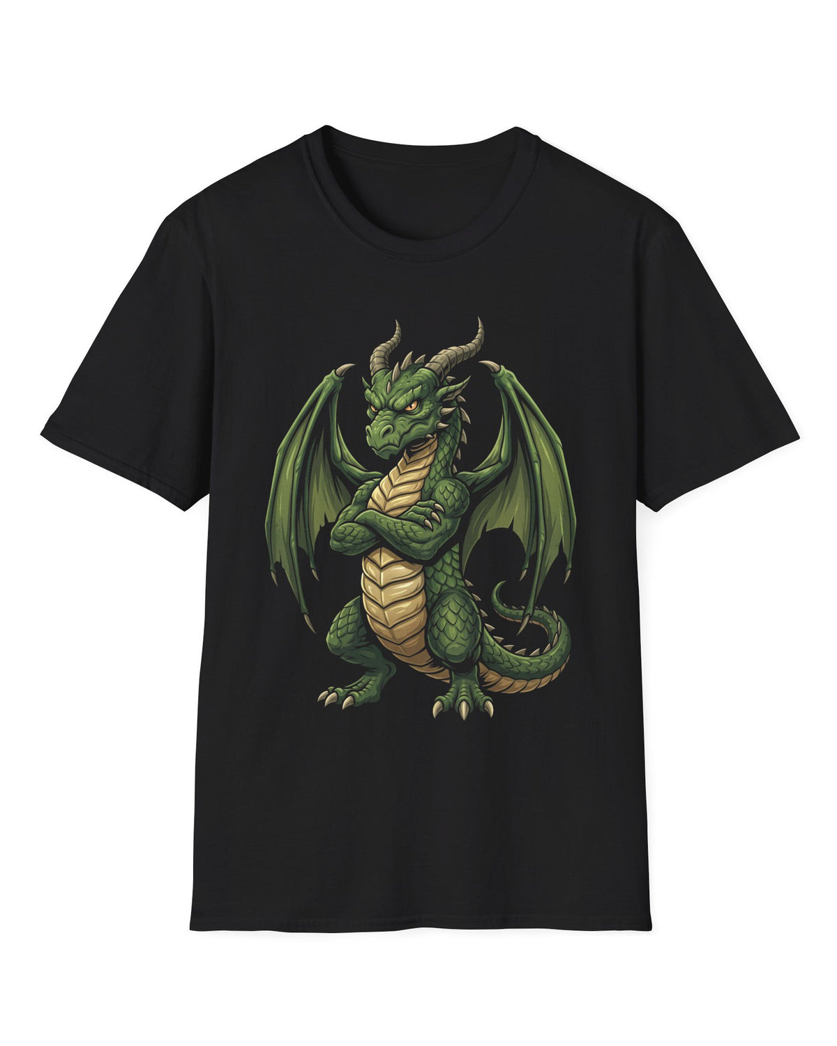 Grumpy Dragon shirt in black featuring a green dragon with crossed arms, spread wings, curved horns, and a scowl