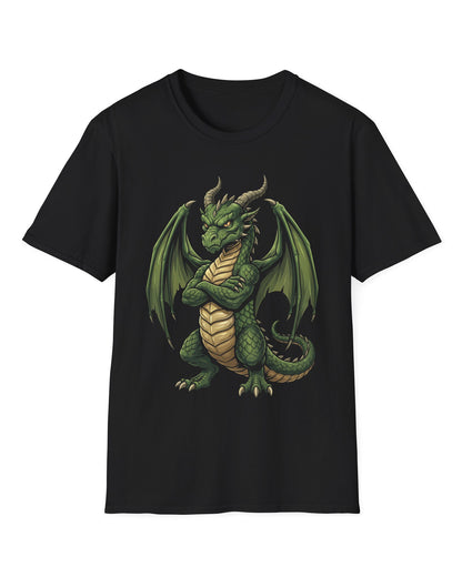 Grumpy Dragon shirt in black featuring a green dragon with crossed arms, spread wings, curved horns, and a scowl