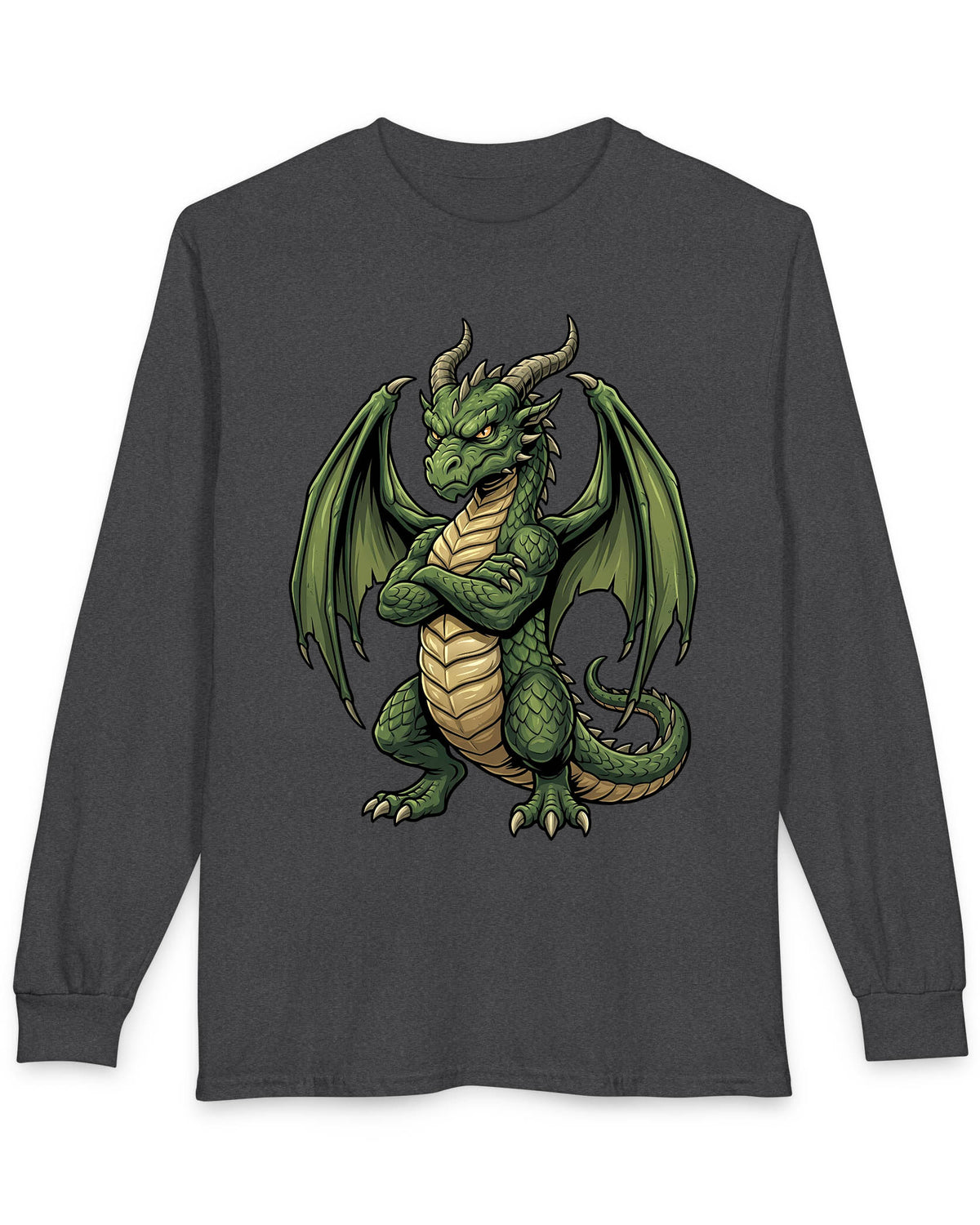 Grumpy Dragon shirt in dark heather featuring a green dragon with crossed arms, spread wings, curved horns, and a scowl