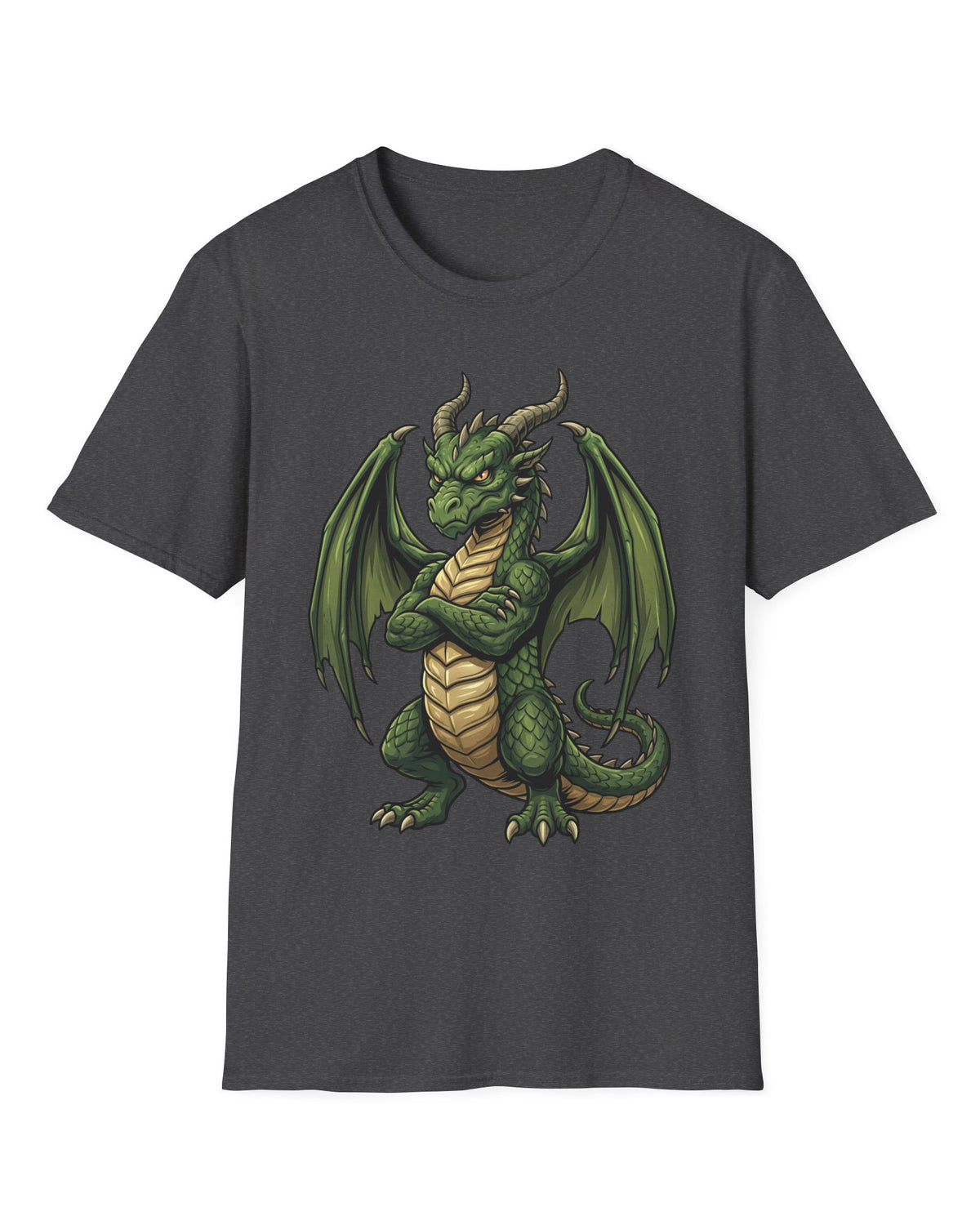 Grumpy Dragon shirt in dark heather featuring a green dragon with crossed arms, spread wings, curved horns, and a scowl