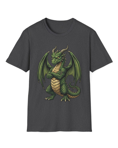 Grumpy Dragon shirt in dark heather featuring a green dragon with crossed arms, spread wings, curved horns, and a scowl