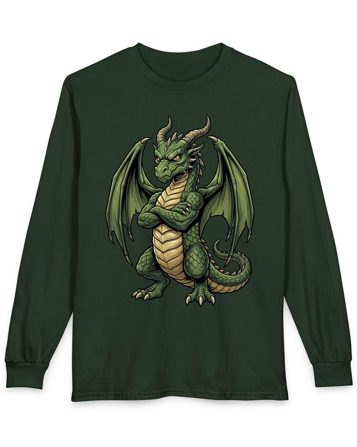 Grumpy Dragon shirt in forest green featuring a green dragon with crossed arms, spread wings, curved horns, and a scowl