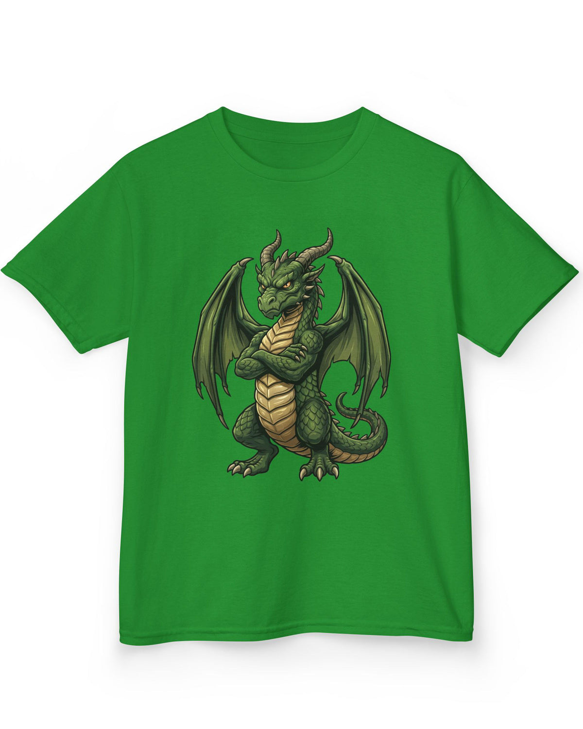 Grumpy Dragon shirt in Irish green featuring a green dragon with crossed arms, spread wings, curved horns, and a scowl