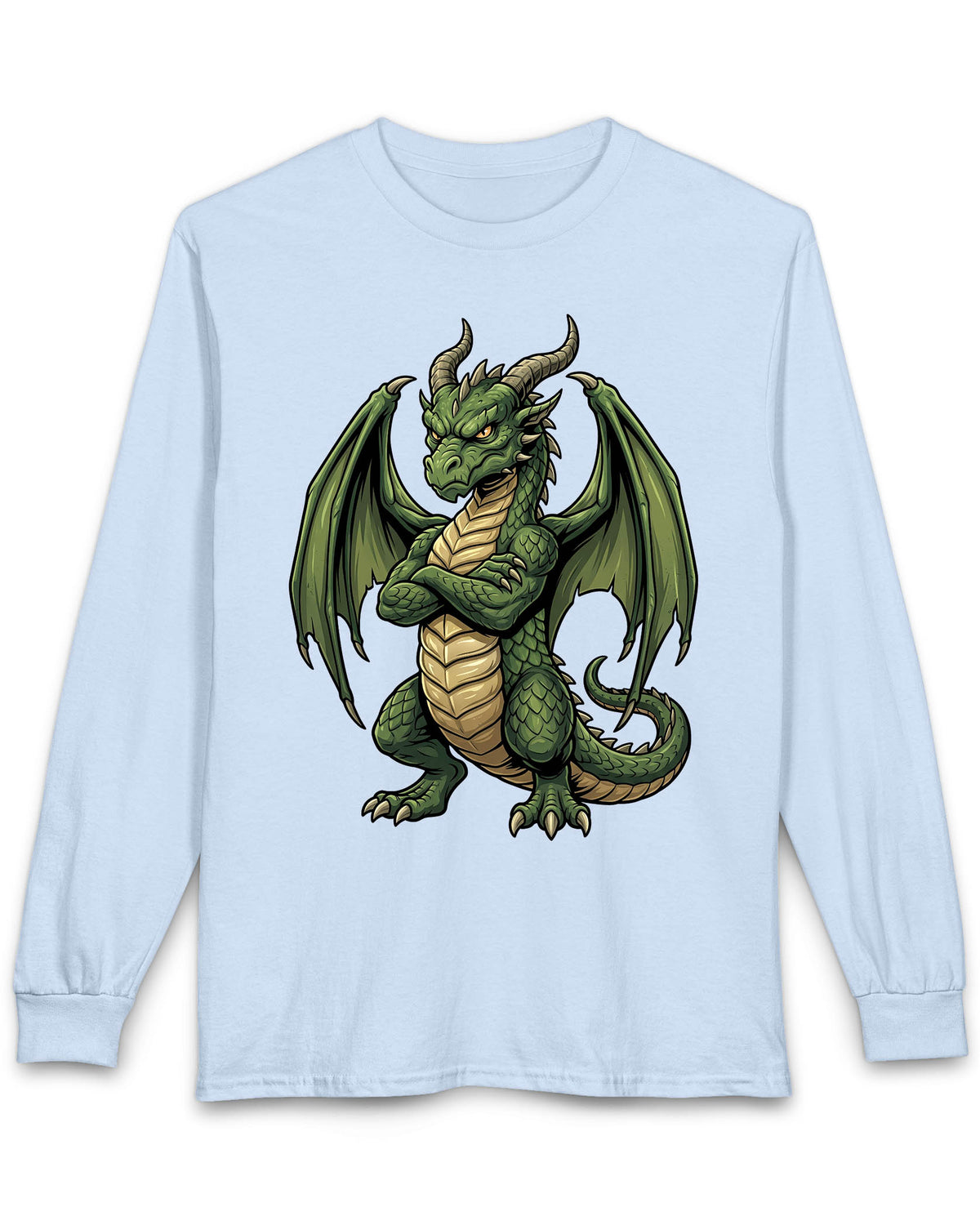 Grumpy Dragon shirt in light blue featuring a green dragon with crossed arms, spread wings, curved horns, and a scowl