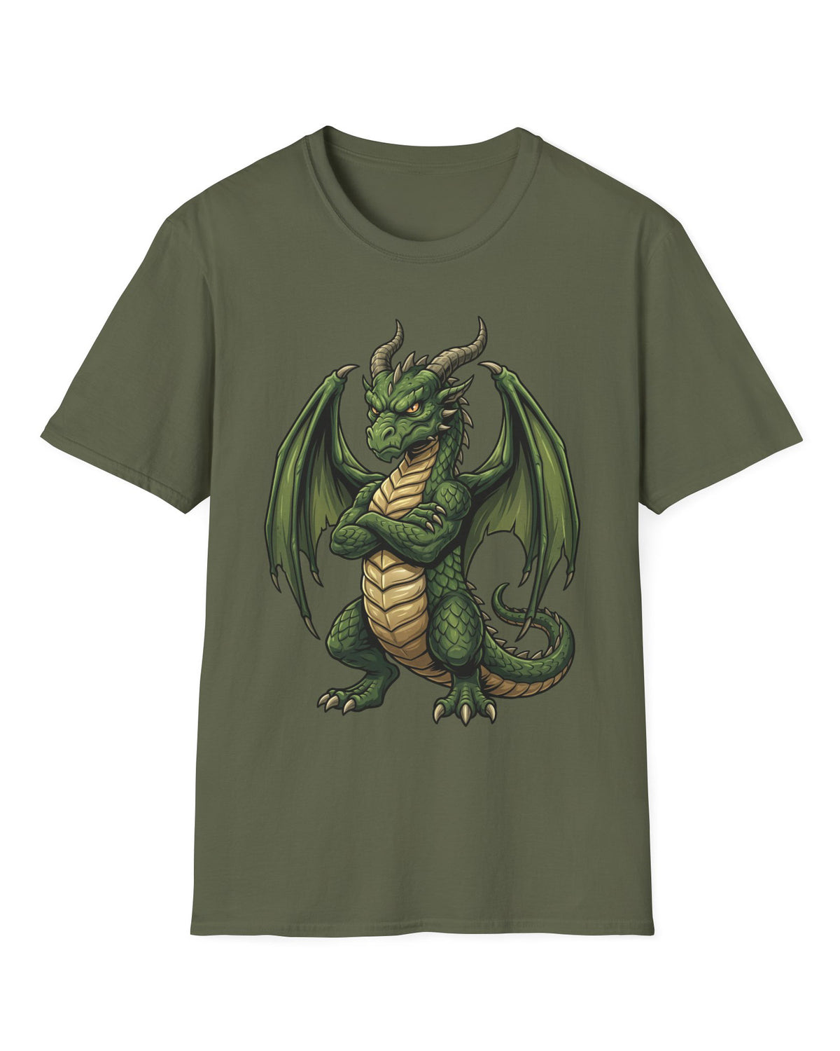Grumpy Dragon shirt in military green featuring a green dragon with crossed arms, spread wings, curved horns, and a scowl