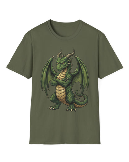 Grumpy Dragon shirt in military green featuring a green dragon with crossed arms, spread wings, curved horns, and a scowl
