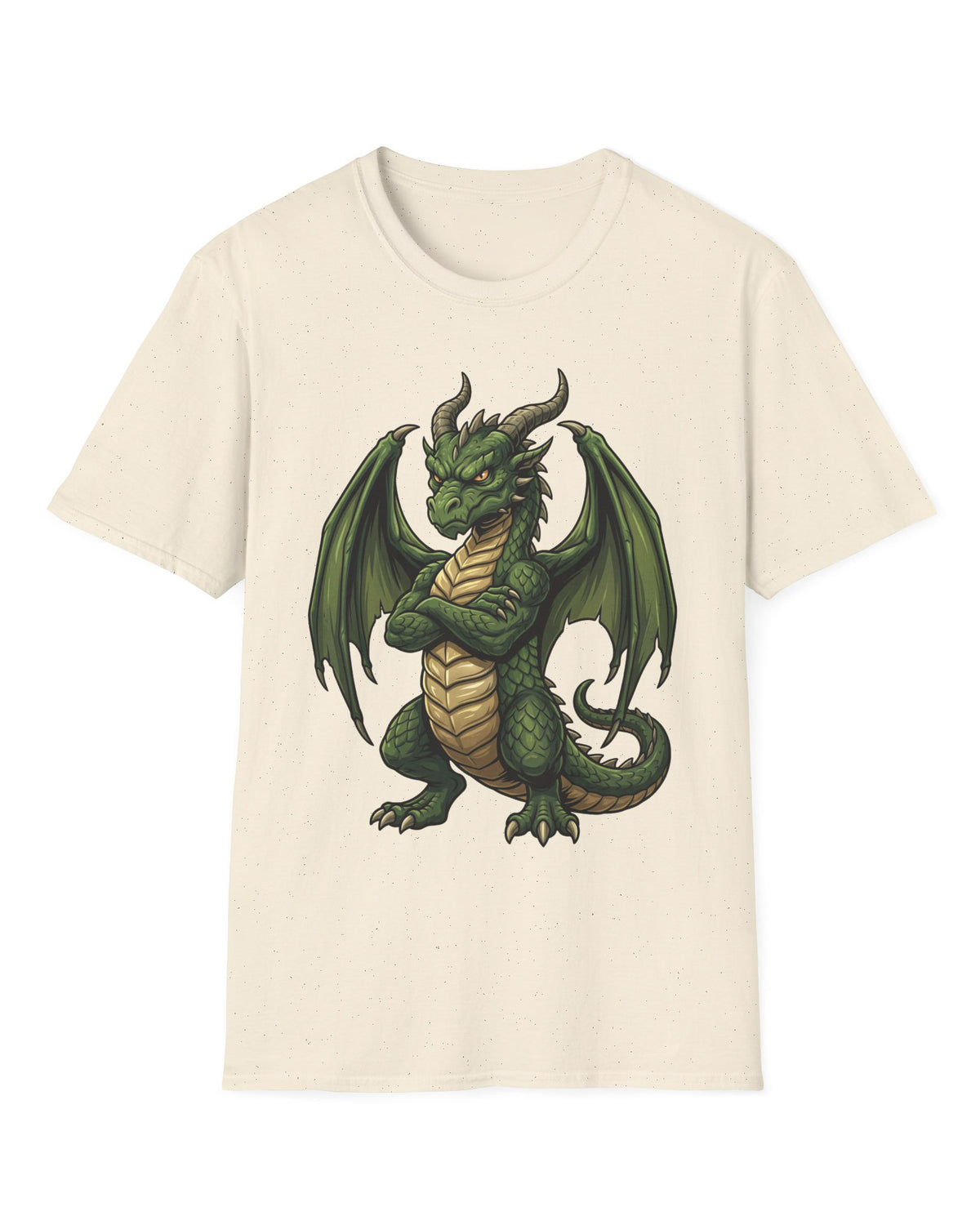 Grumpy Dragon shirt in natural featuring a green dragon with crossed arms, spread wings, curved horns, and a scowl