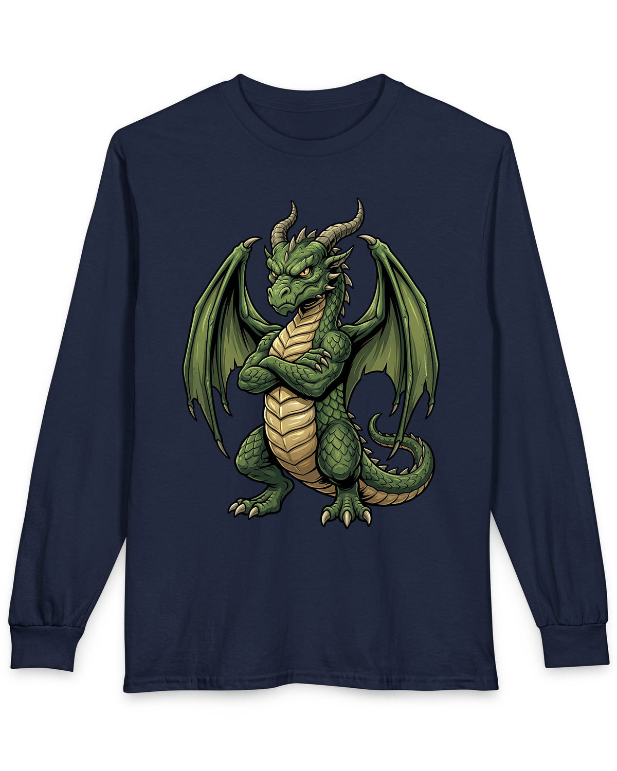 Grumpy Dragon shirt in navy featuring a green dragon with crossed arms, spread wings, curved horns, and a scowl