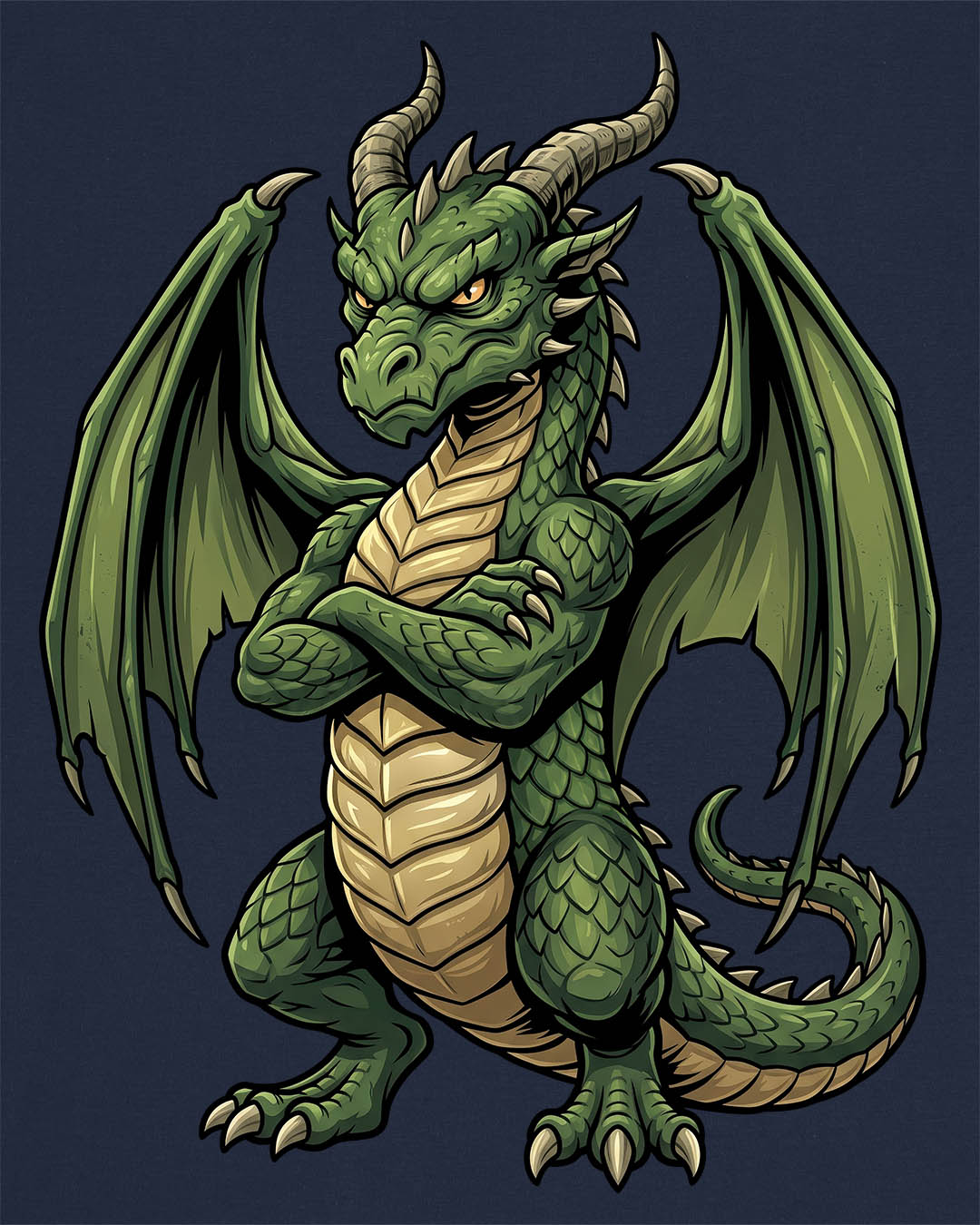 Grumpy Dragon shirt in navy featuring a green dragon with crossed arms, spread wings, curved horns, and a scowl