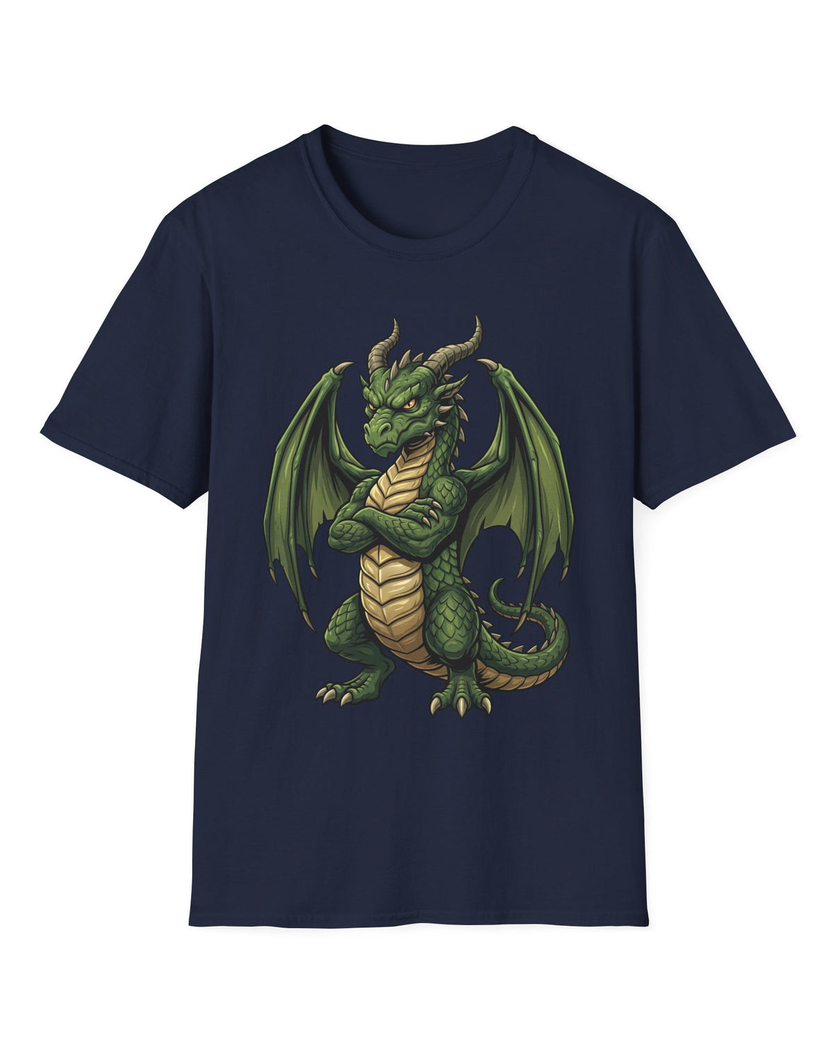 Grumpy Dragon shirt in navy featuring a green dragon with crossed arms, spread wings, curved horns, and a scowl