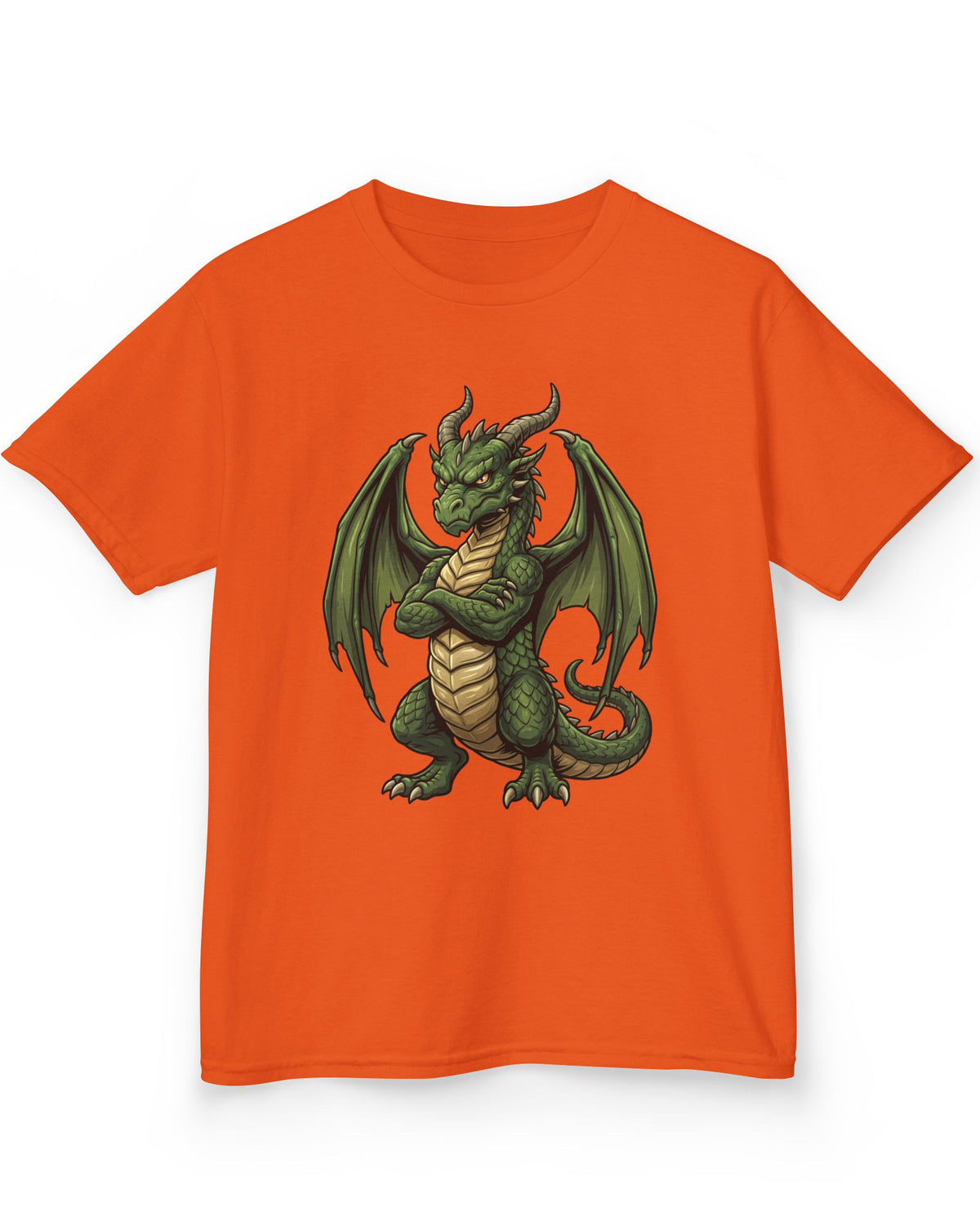 Grumpy Dragon shirt in orange featuring a green dragon with crossed arms, spread wings, curved horns, and a scowl
